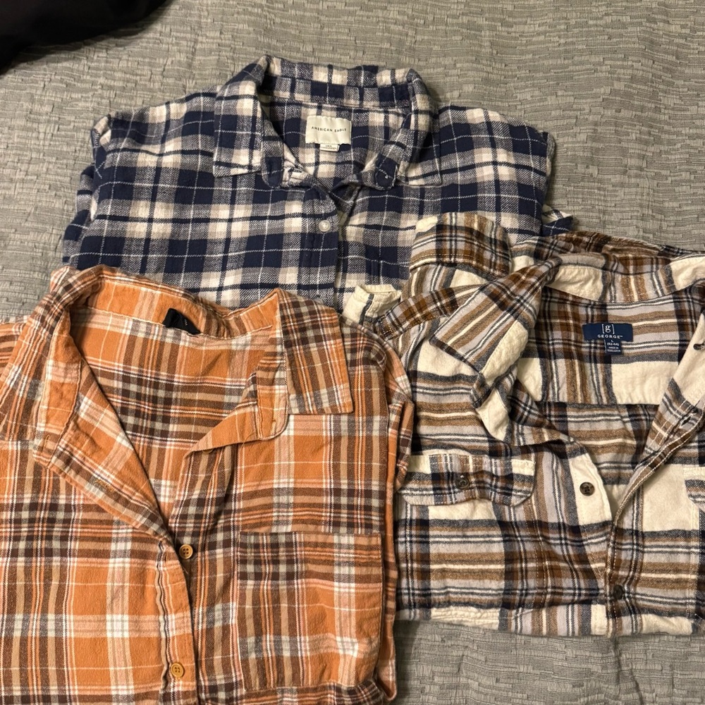 Plaid Button-Up Shirts - Blue, Orange, Tan